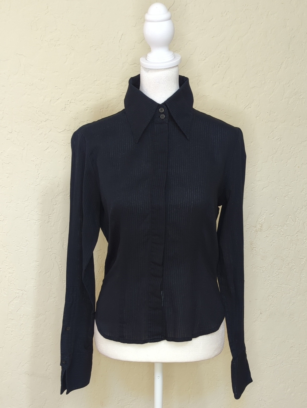 Sisley Vintage Y2K Navy Long-Sleeve Point Collar Button Down Blouse Size XS*